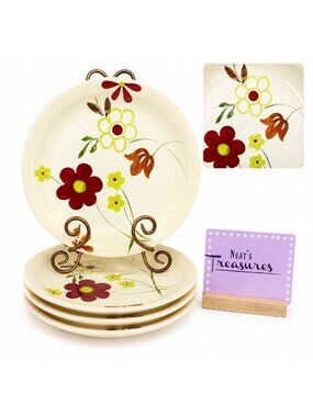 Gibson GID438 Retro 70's Floral Muticolored Ceramic Beige Dinner Plates Set of 4